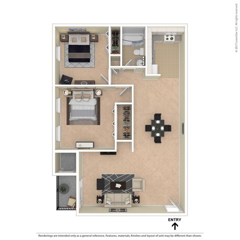 Floor plan for 2 beds, 1 bath, 1000 sqft